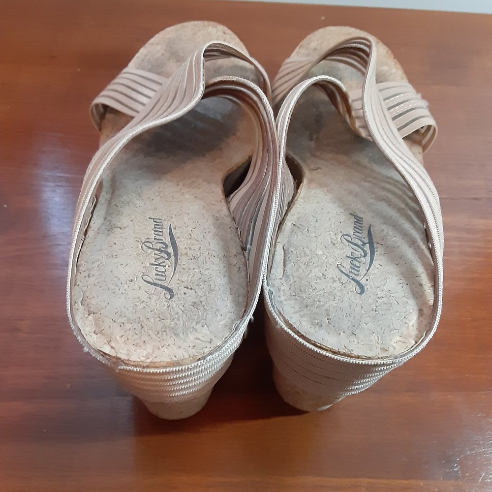 LUCKY BRAND MILLER Beige Criss Cross Strap Cork Wedge Slide Sandals - Picture 13 of 13